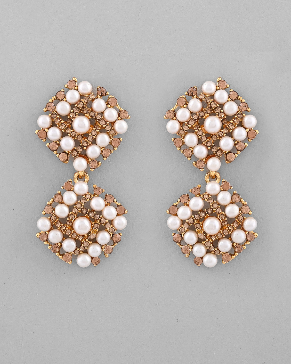 VOJ Gold-Polished Pearl And Gold Stone Drop Stud Earrings