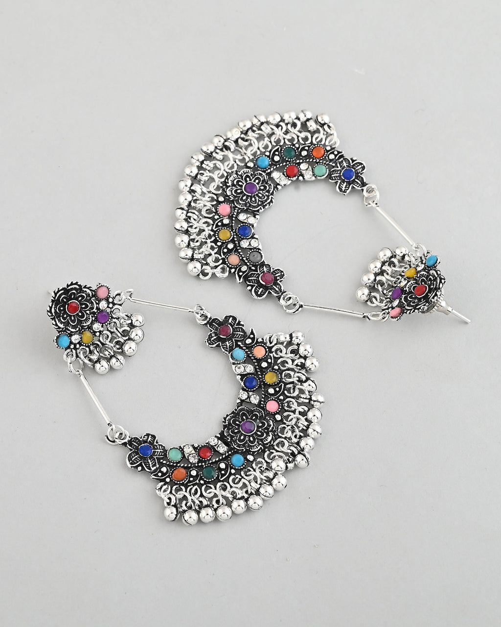 VOJ Silver-Plated multi Colour Flower Oxidized Shaped Drop Earrings