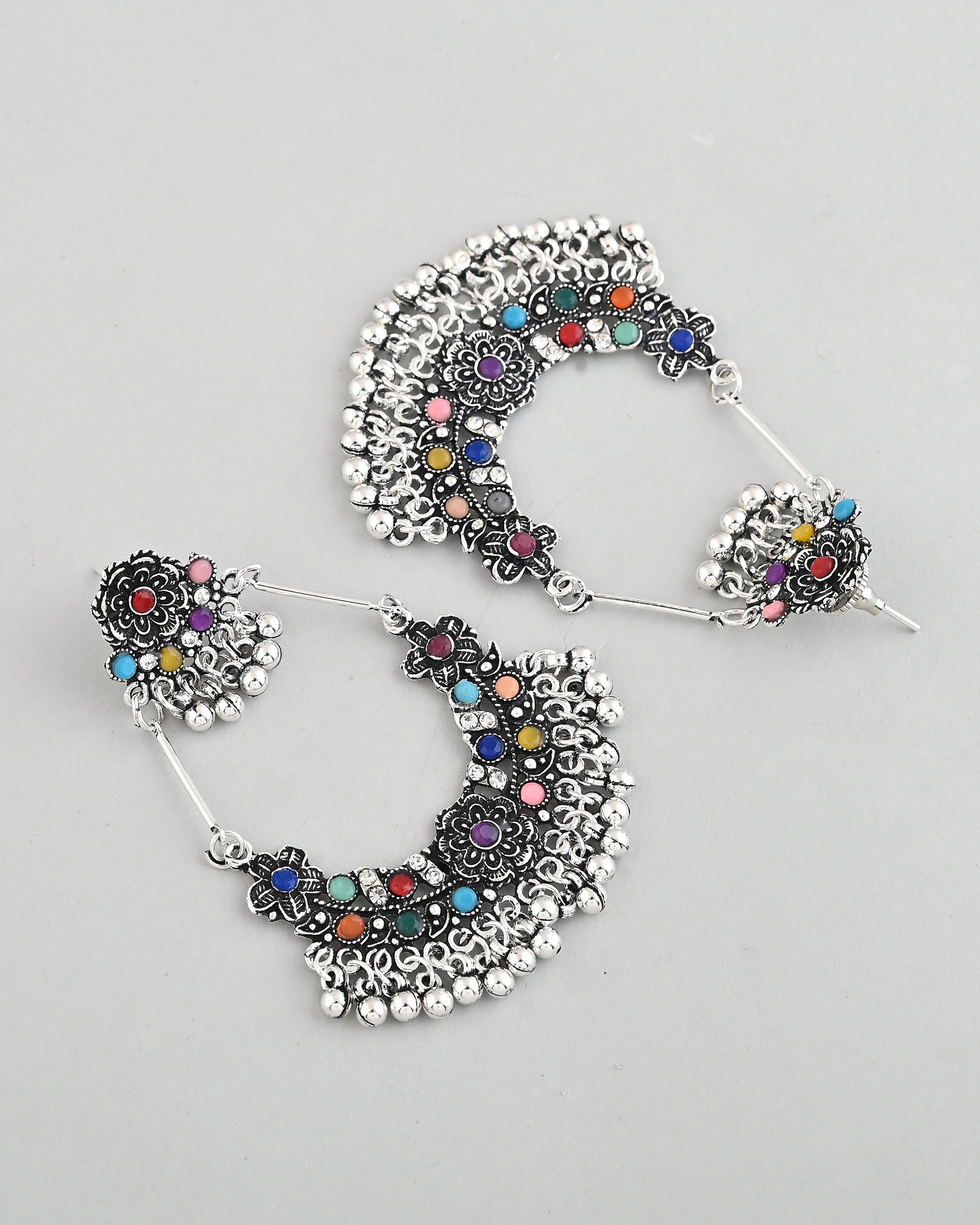 VOJ Silver-Plated multi Colour Flower Oxidized Shaped Drop Earrings