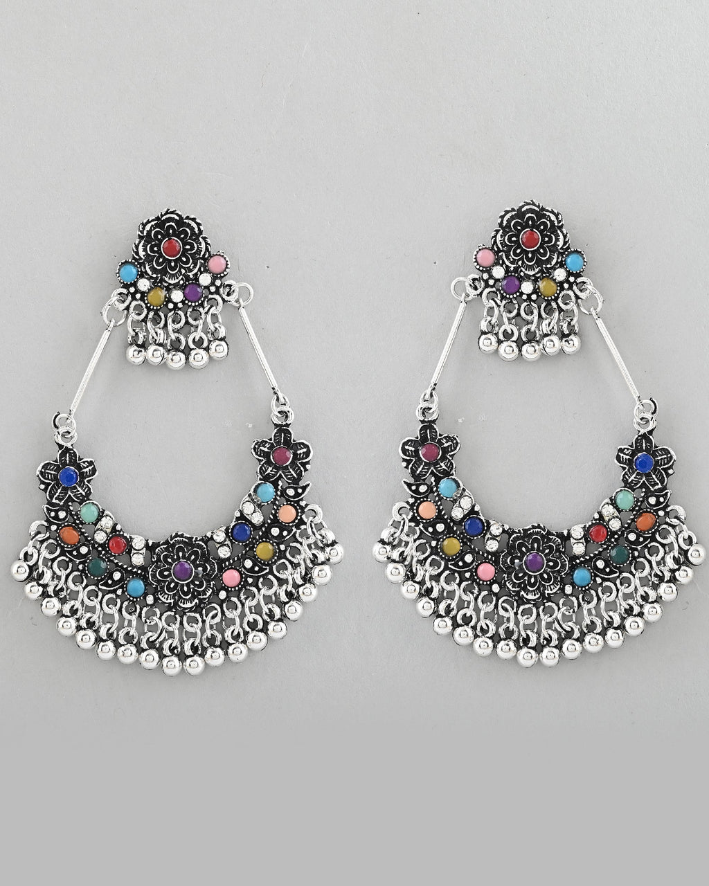 VOJ Silver-Plated multi Colour Flower Oxidized Shaped Drop Earrings
