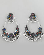 VOJ Silver-Plated multi Colour Flower Oxidized Shaped Drop Earrings