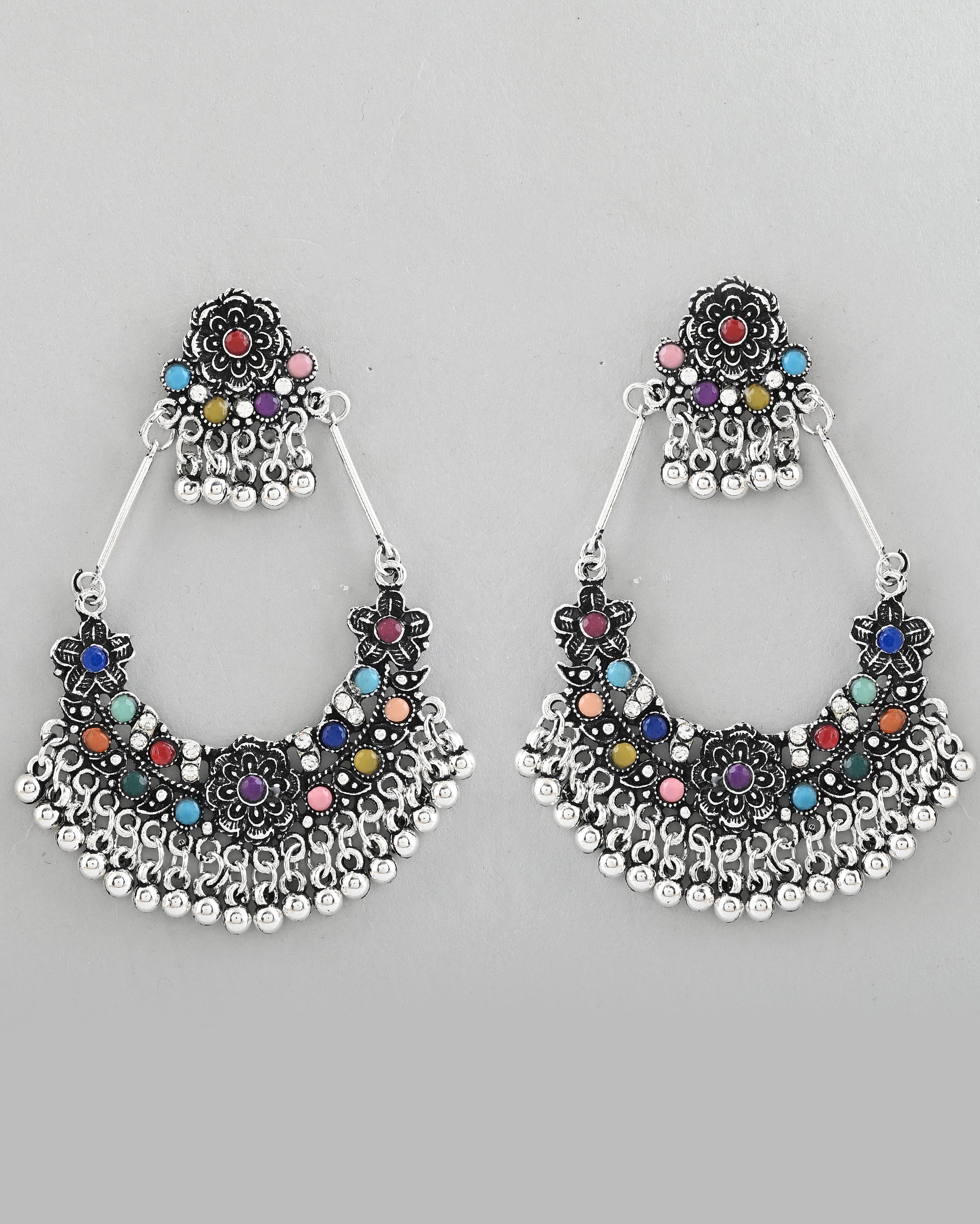 VOJ Silver-Plated multi Colour Flower Oxidized Shaped Drop Earrings