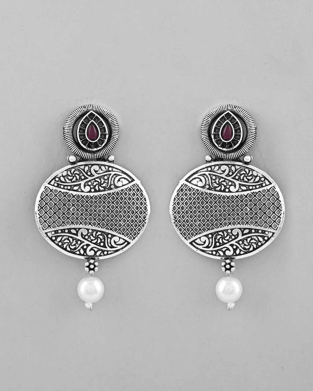 VOJ Rhodium-Plated Oxidized Contemporary With Pearl Earrings | Grocsy