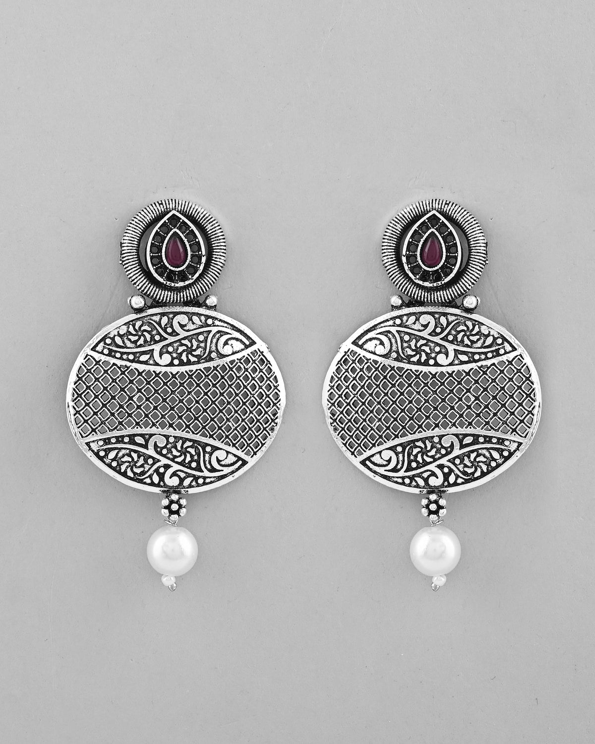 VOJ Rhodium-Plated Oxidized Contemporary With Pearl Earrings | Grocsy