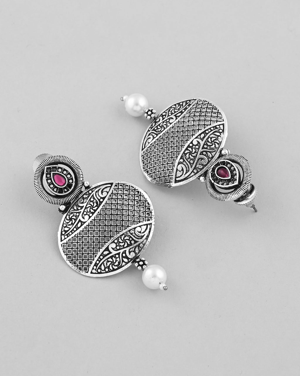 VOJ Rhodium-Plated Oxidized Contemporary With Pearl Earrings | Grocsy