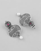VOJ Rhodium-Plated Oxidized Contemporary With Pearl Earrings | Grocsy