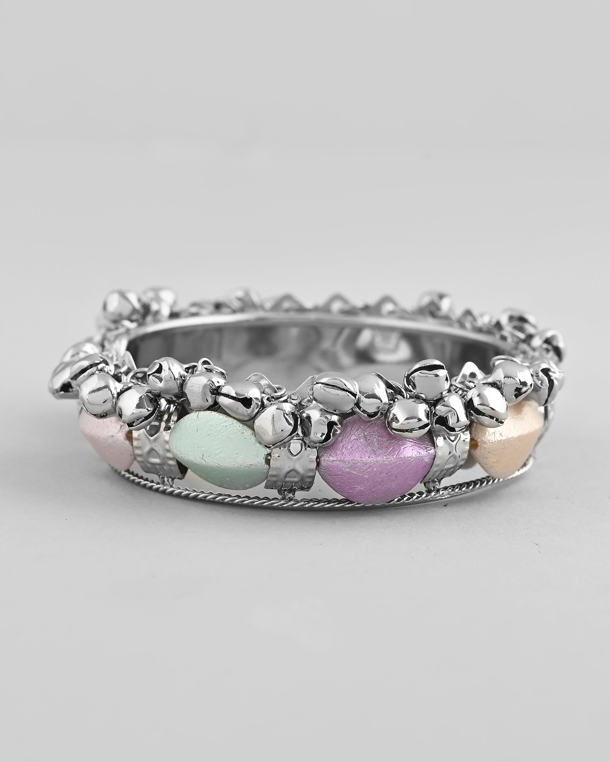 VOJ Silver-Plated Multi Colour Stone Studded Oxidized Cuff Bracelet