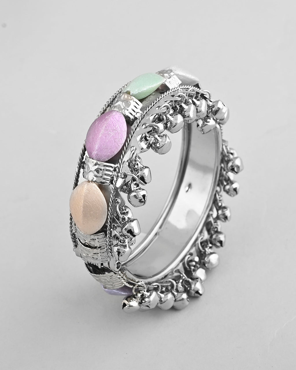VOJ Silver-Plated Multi Colour Stone Studded Oxidized Cuff Bracelet