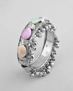VOJ Silver-Plated Multi Colour Stone Studded Oxidized Cuff Bracelet