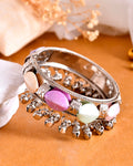VOJ Silver-Plated Multi Colour Stone Studded Oxidized Cuff Bracelet
