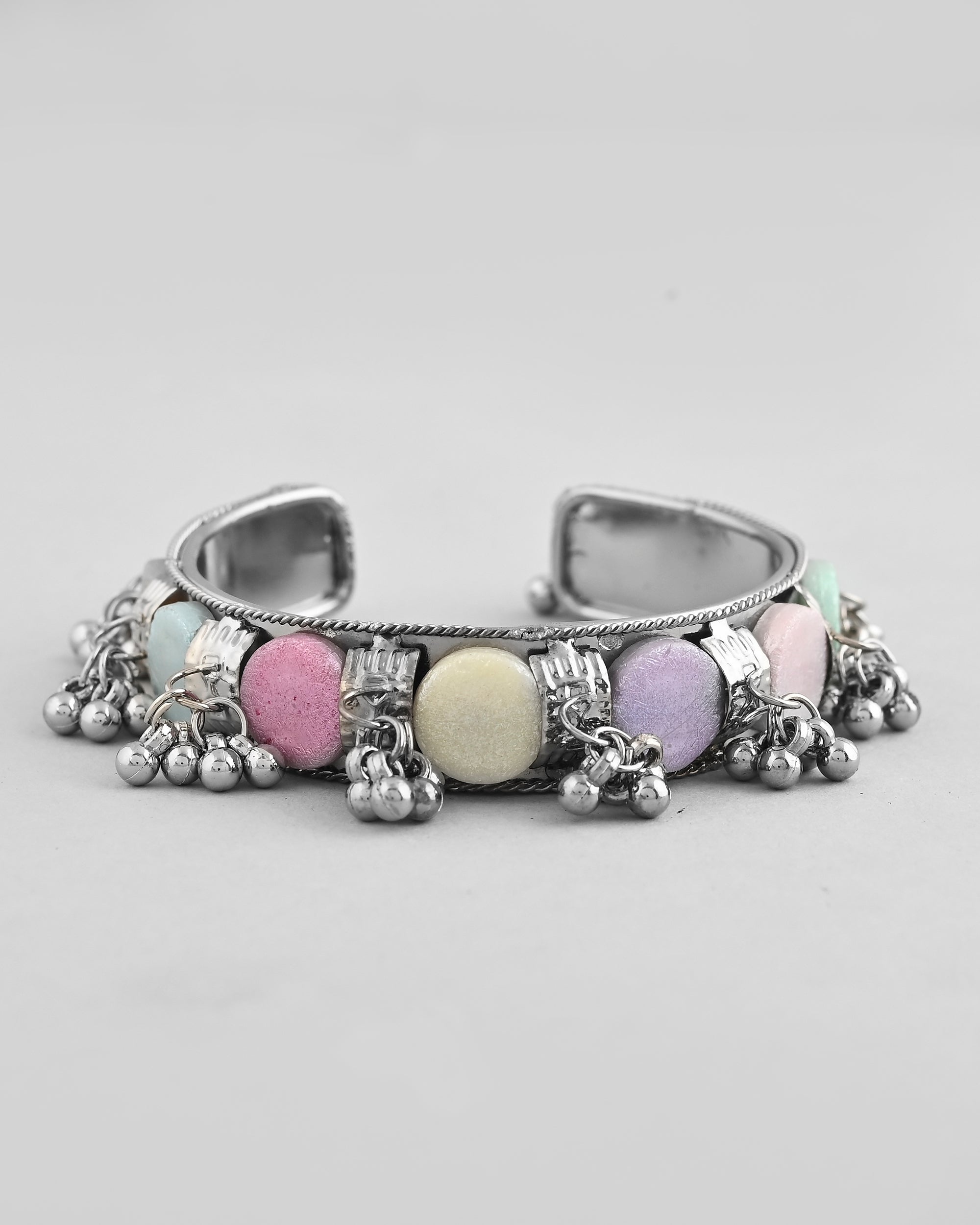 VOJ Silver-Plated Multi Colour Stone And Ghungroo Studded Oxidized Cuff Bracelet | Grocsy