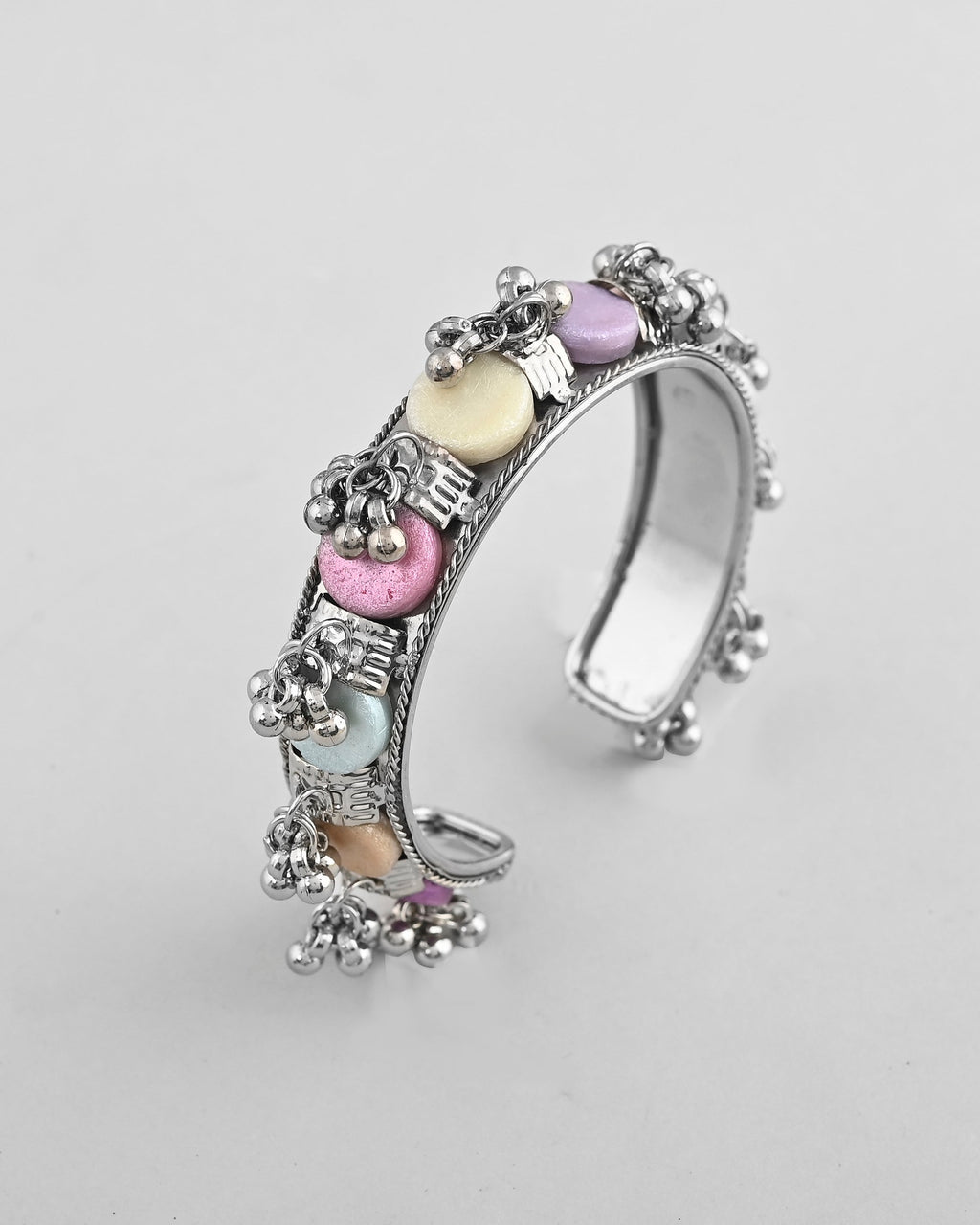 VOJ Silver-Plated Multi Colour Stone And Ghungroo Studded Oxidized Cuff Bracelet | Grocsy