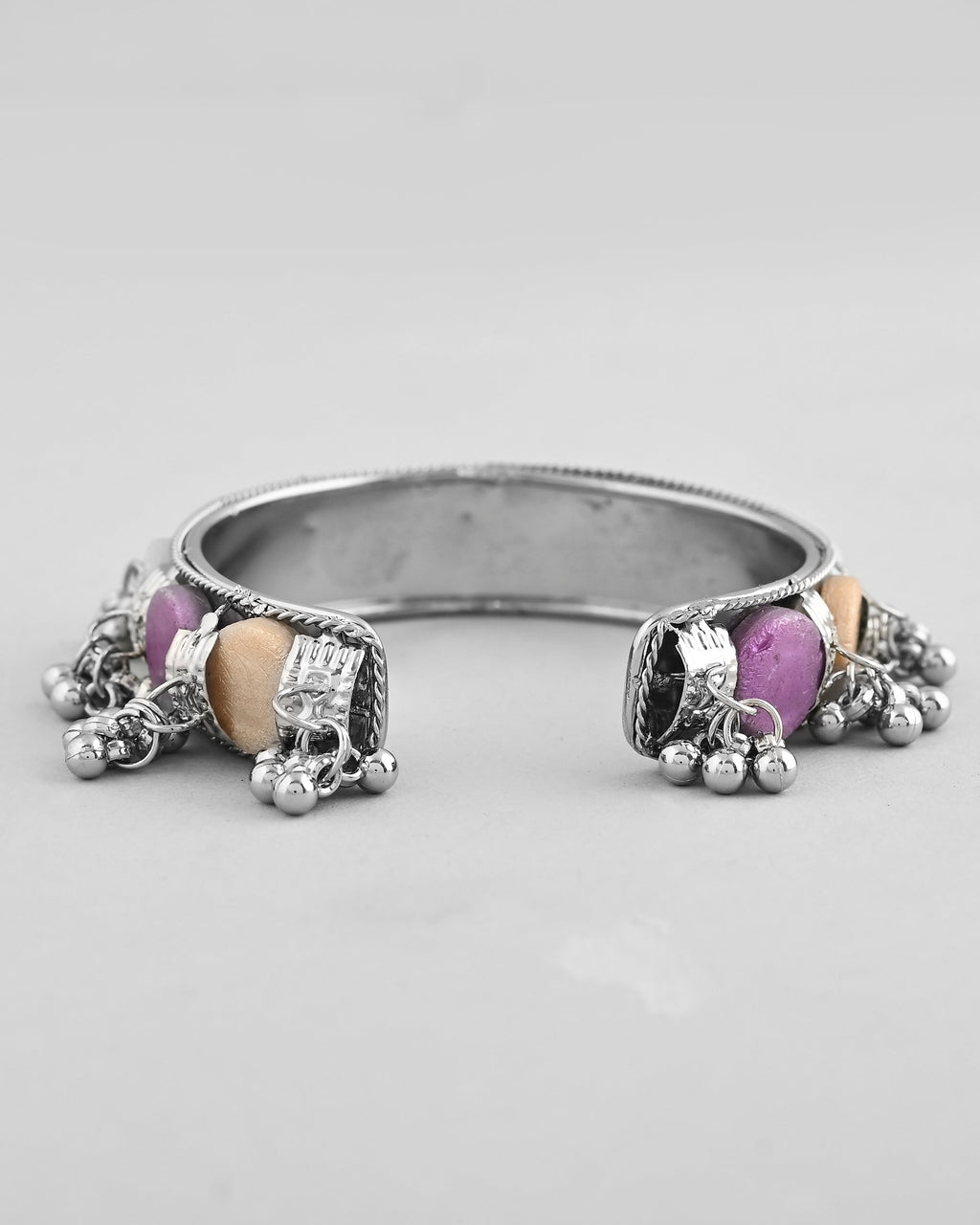 VOJ Silver-Plated Multi Colour Stone And Ghungroo Studded Oxidized Cuff Bracelet | Grocsy