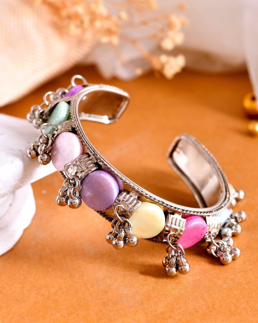 VOJ Silver-Plated Multi Colour Stone And Ghungroo Studded Oxidized Cuff Bracelet | Grocsy