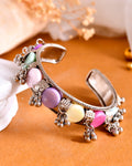 VOJ Silver-Plated Multi Colour Stone And Ghungroo Studded Oxidized Cuff Bracelet | Grocsy