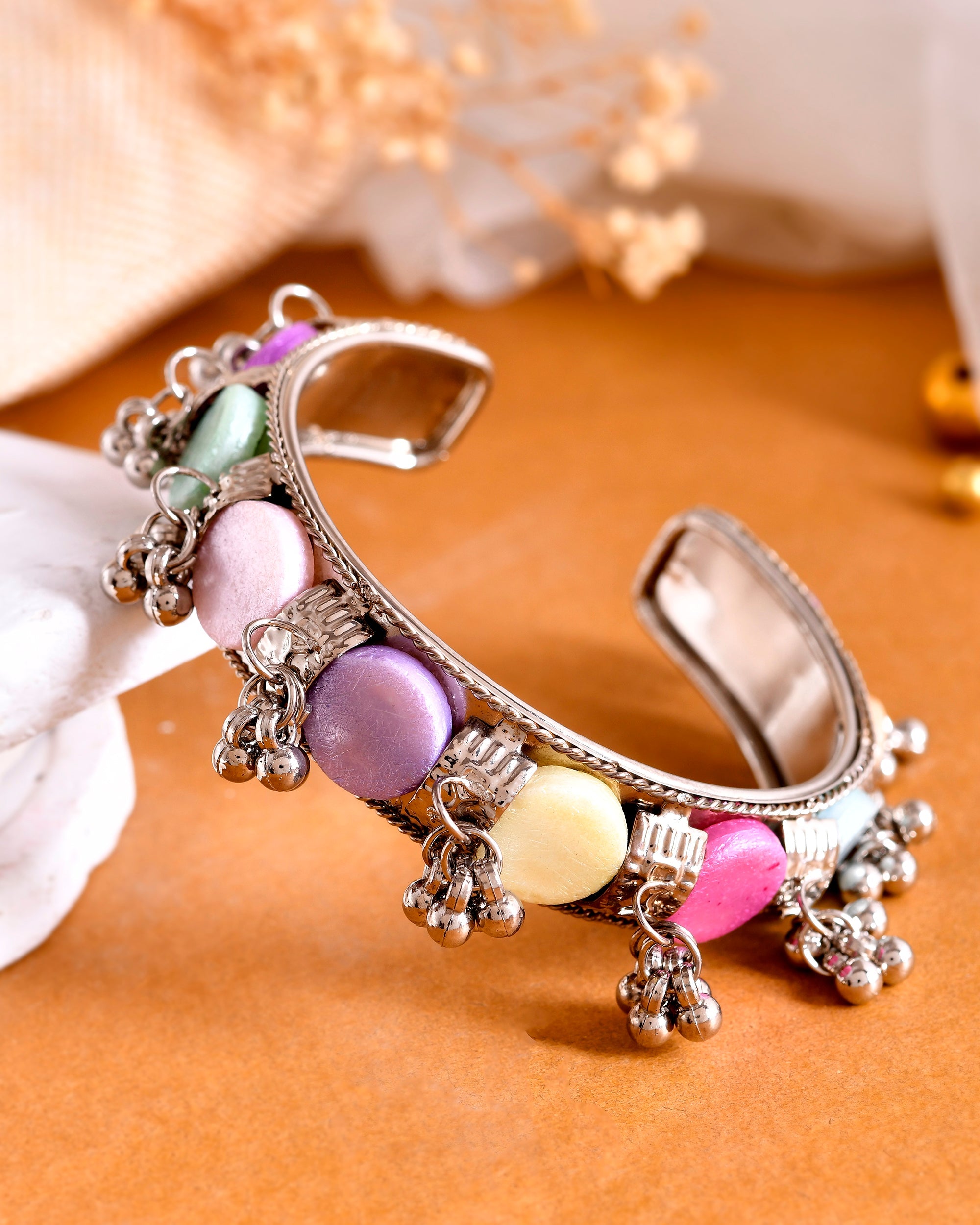 VOJ Silver-Plated Multi Colour Stone And Ghungroo Studded Oxidized Cuff Bracelet | Grocsy