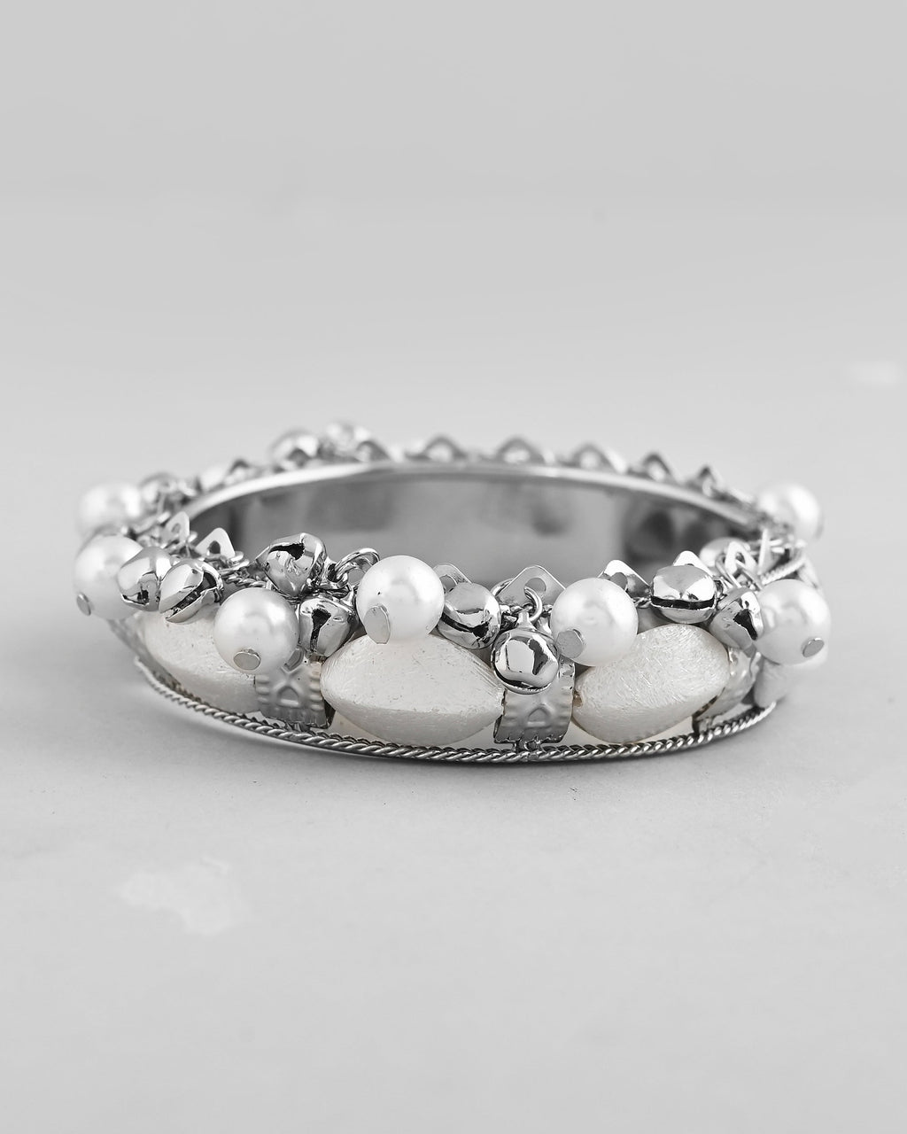 VOJ Silver-Plated Pearl And Ghungroo Studded Oxidized Cuff Bracelet | Grocsy