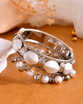 VOJ Silver-Plated Pearl And Ghungroo Studded Oxidized Cuff Bracelet | Grocsy