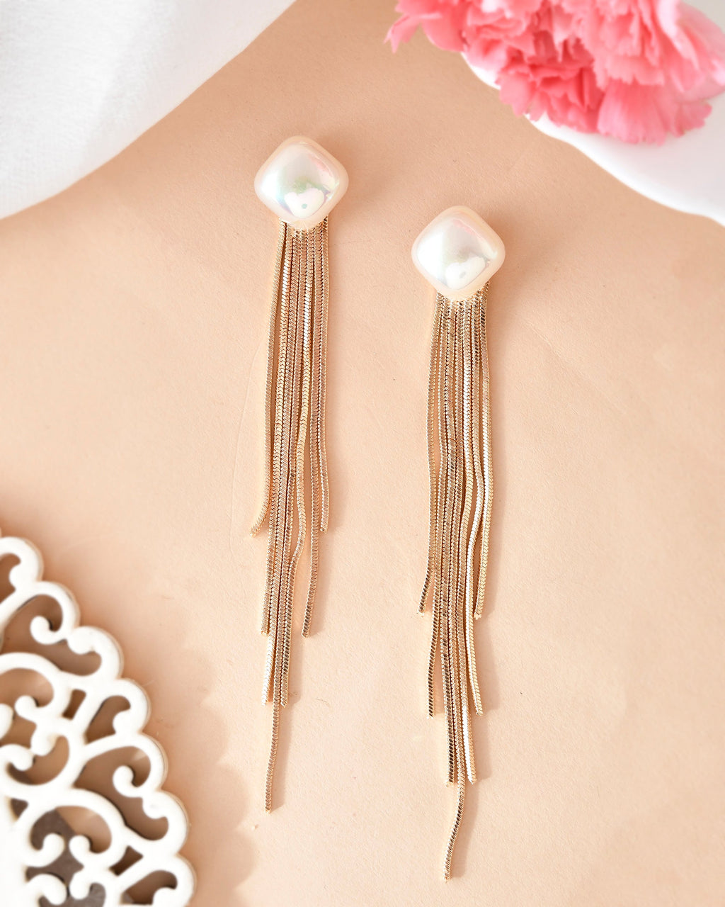 VOJ Gold-Polished Handcrafted Pearl Studded Classic Drop Earrings | Grocsy