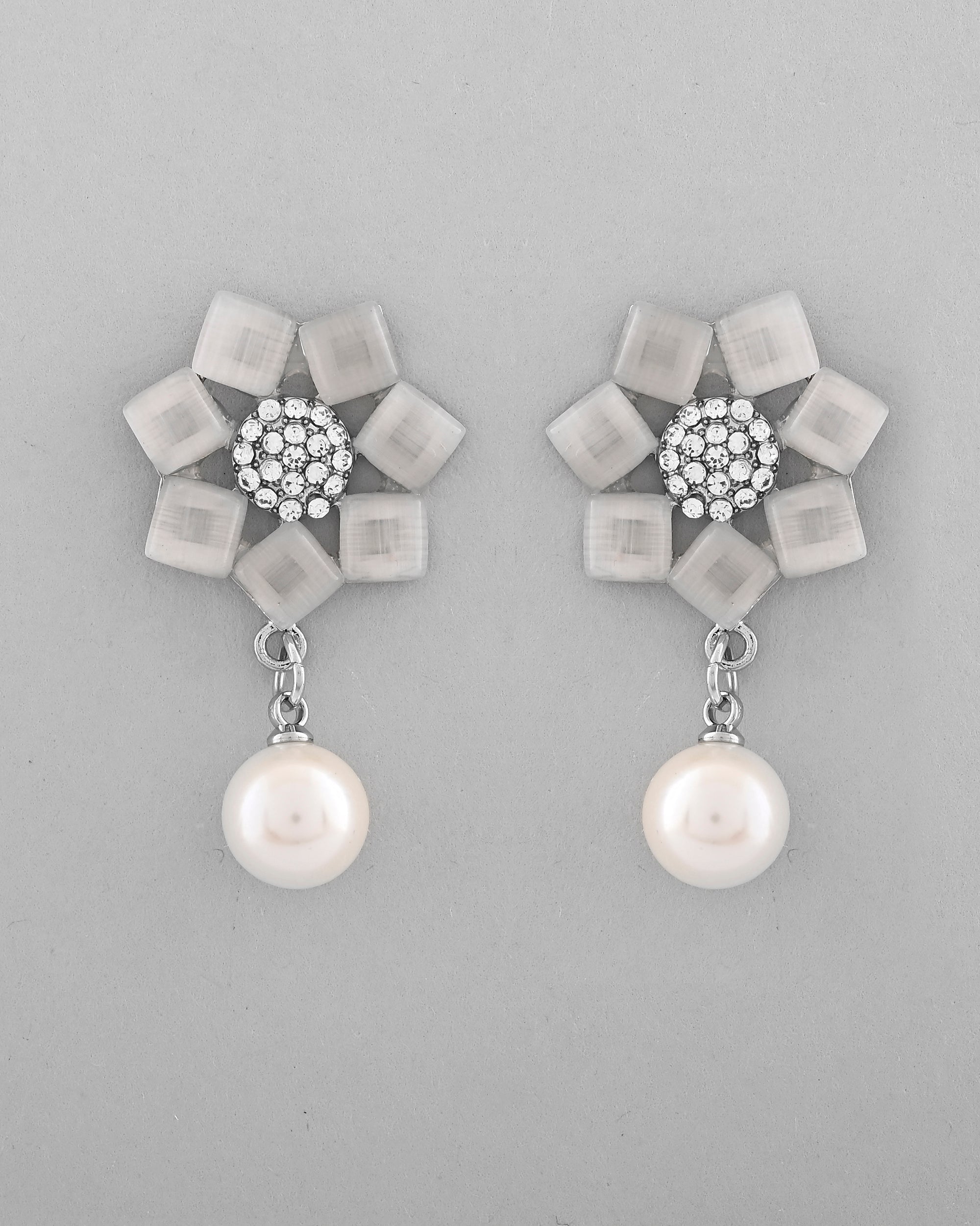 VOJ Silver Plated Floral Stone Studded Earrings