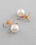 VOJ Gold-Polished Pearl & Bow Shaped Classic Drop Earrings | Grocsy