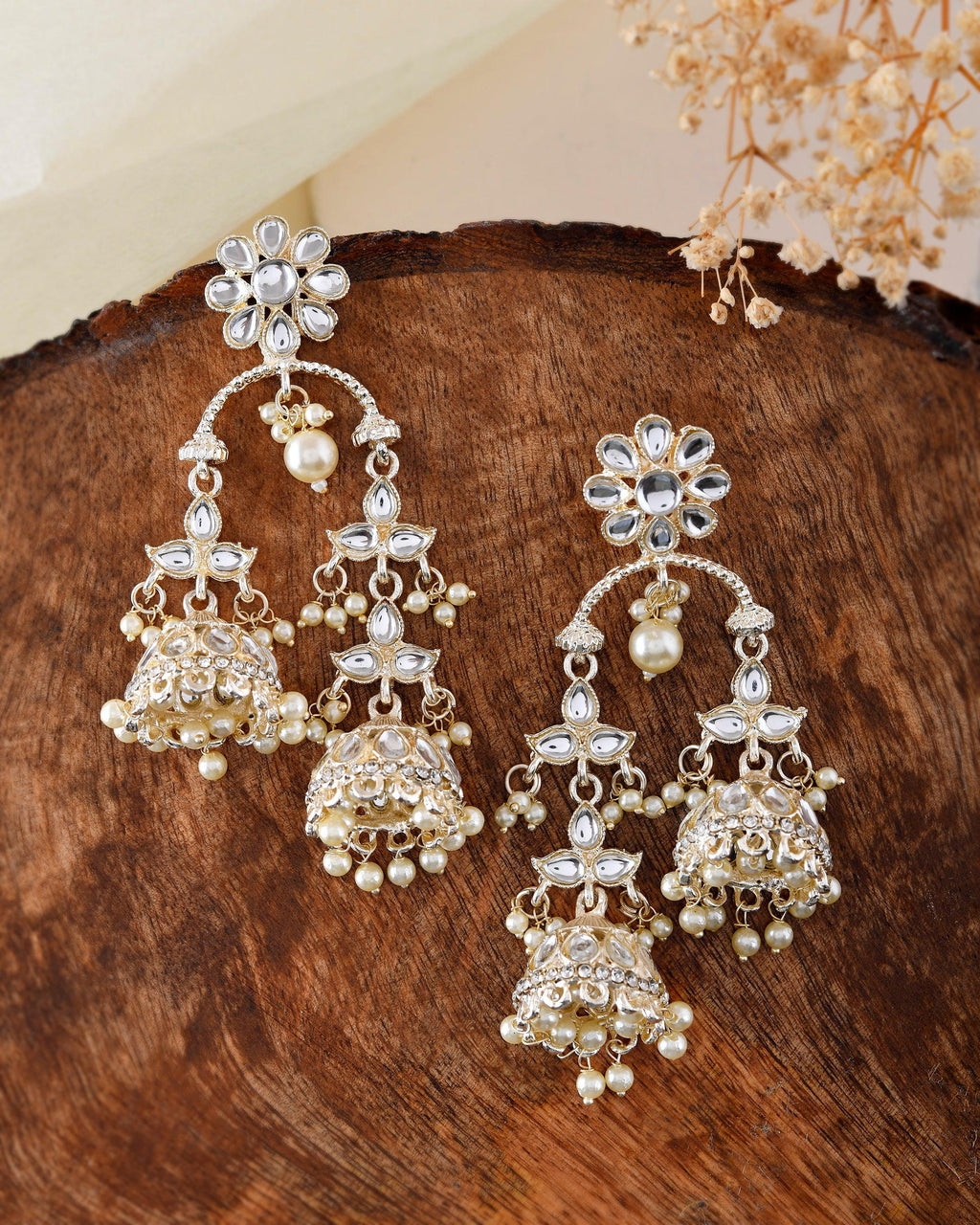 VOJ Gold-Polished Kundan Contemporary Up & Down Jhumka Earrings | Grocsy
