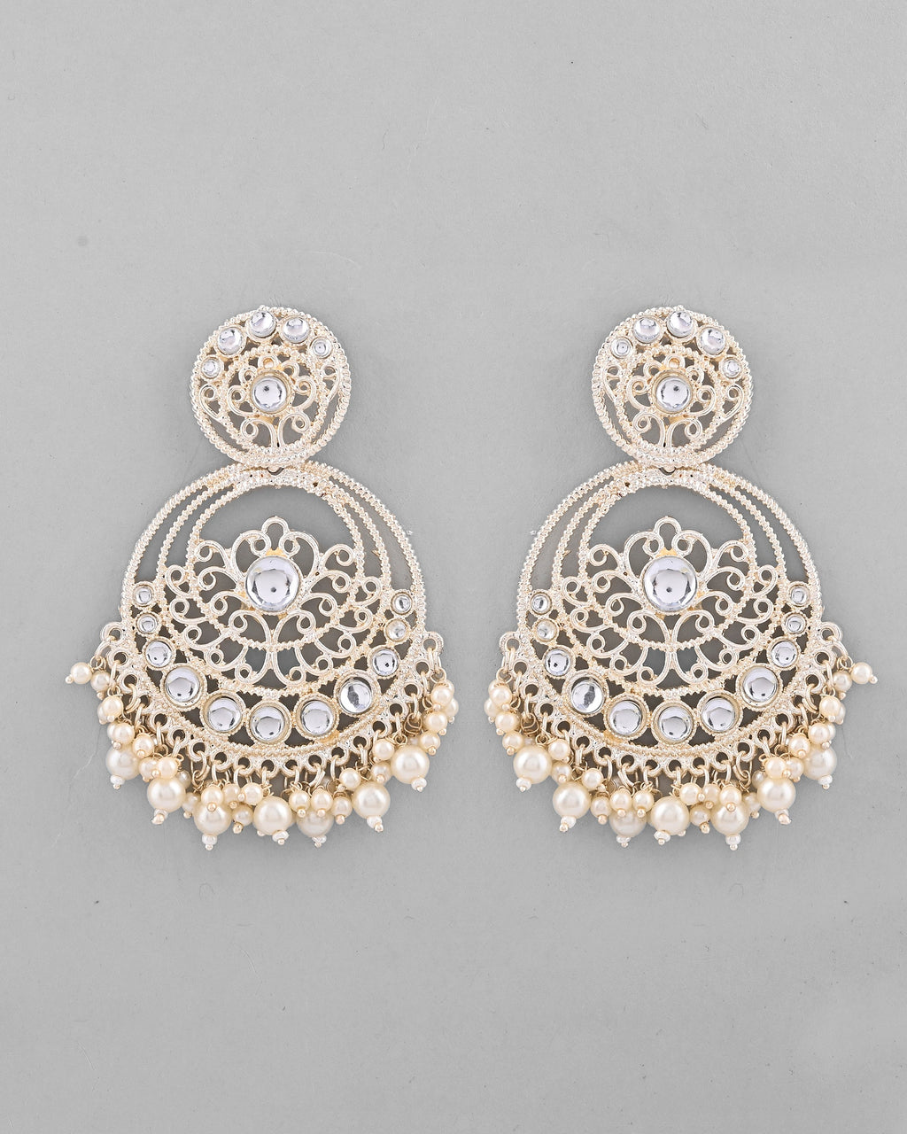 VOJ Gold-Polished Kundan Contemporary Circular Chandbaali Earrings | Grocsy
