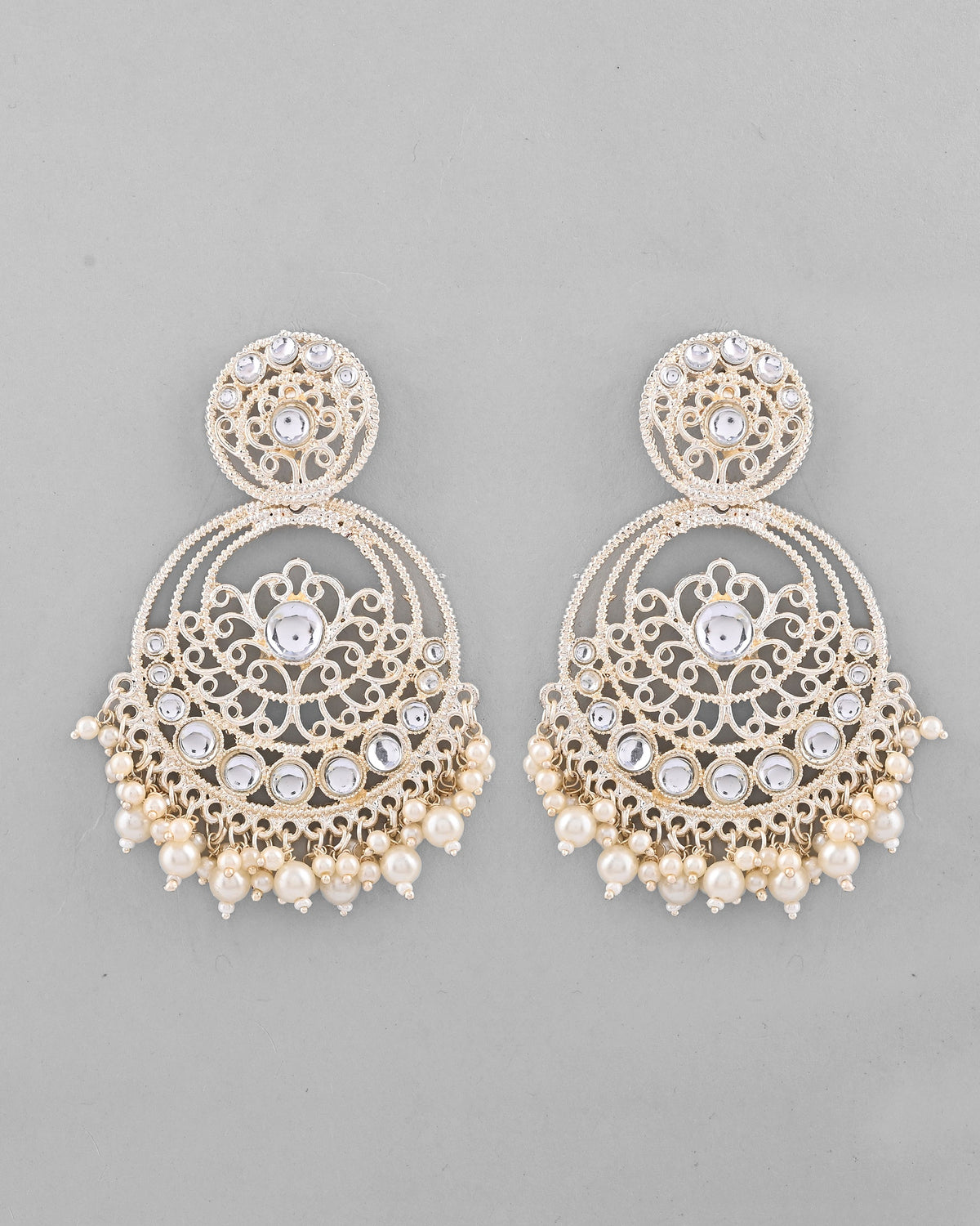 VOJ Gold-Polished Kundan Contemporary Circular Chandbaali Earrings | Grocsy