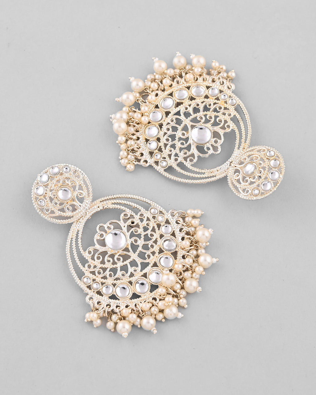 VOJ Gold-Polished Kundan Contemporary Circular Chandbaali Earrings | Grocsy