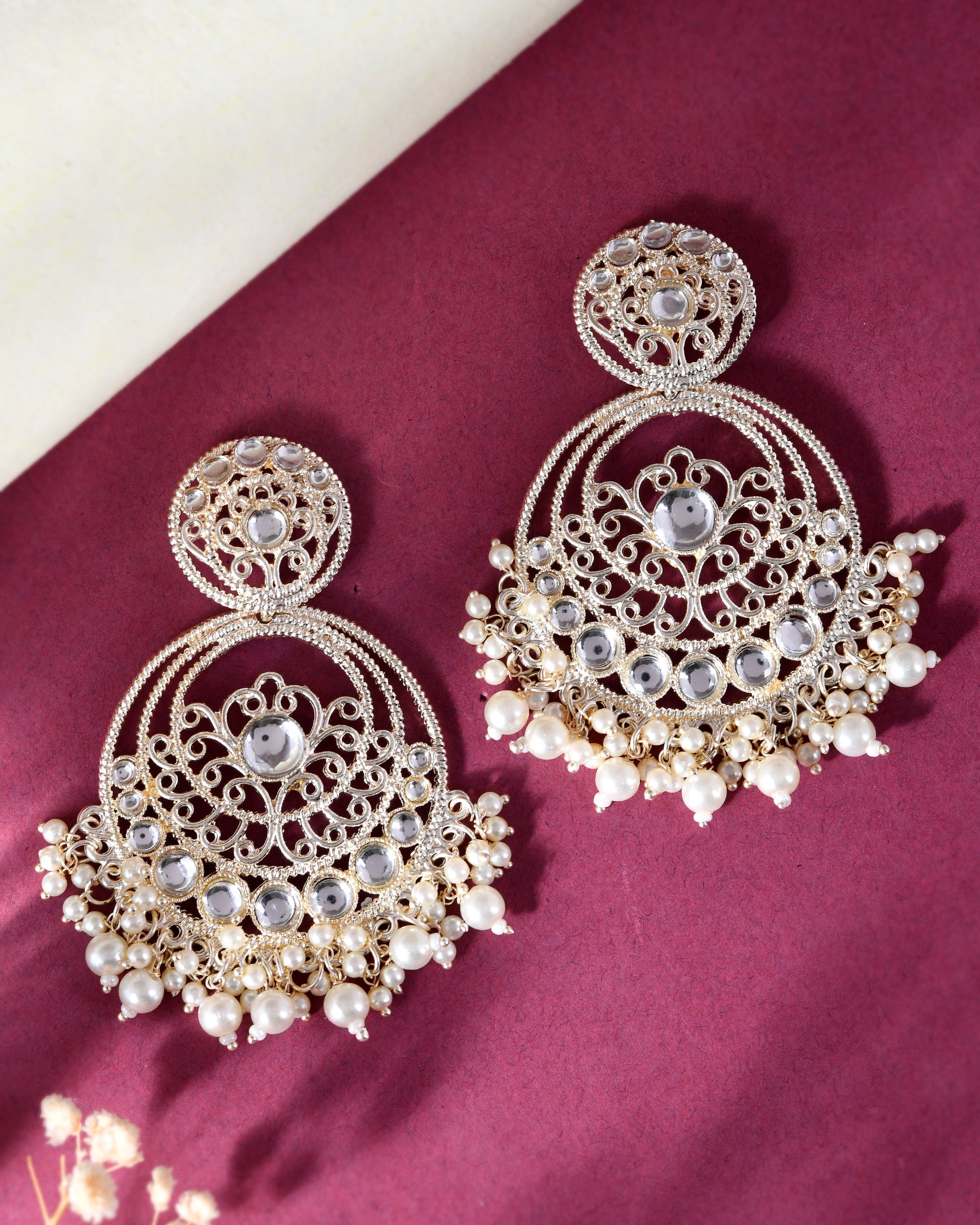 VOJ Gold-Polished Kundan Contemporary Circular Chandbaali Earrings | Grocsy