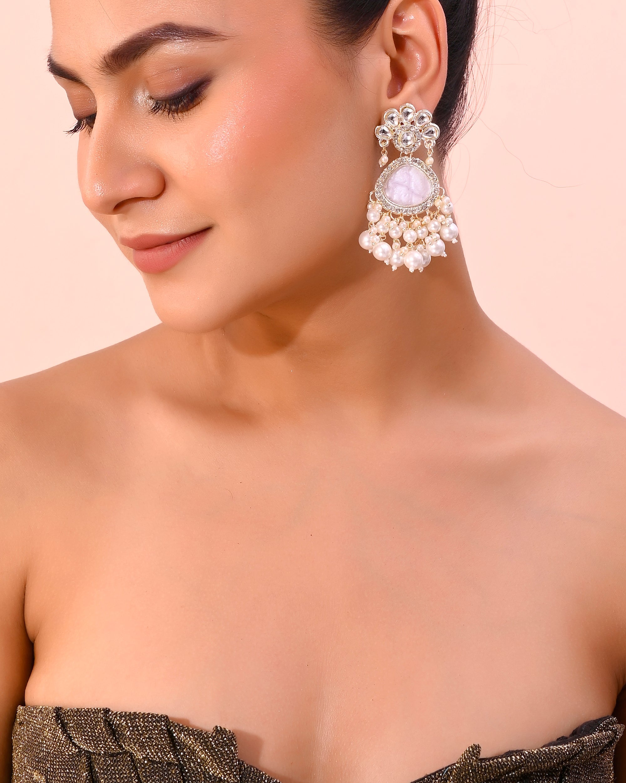 VOJ Gold-Toned Kundan Studded Contemporary Oxidised Drop Earrings | Grocsy