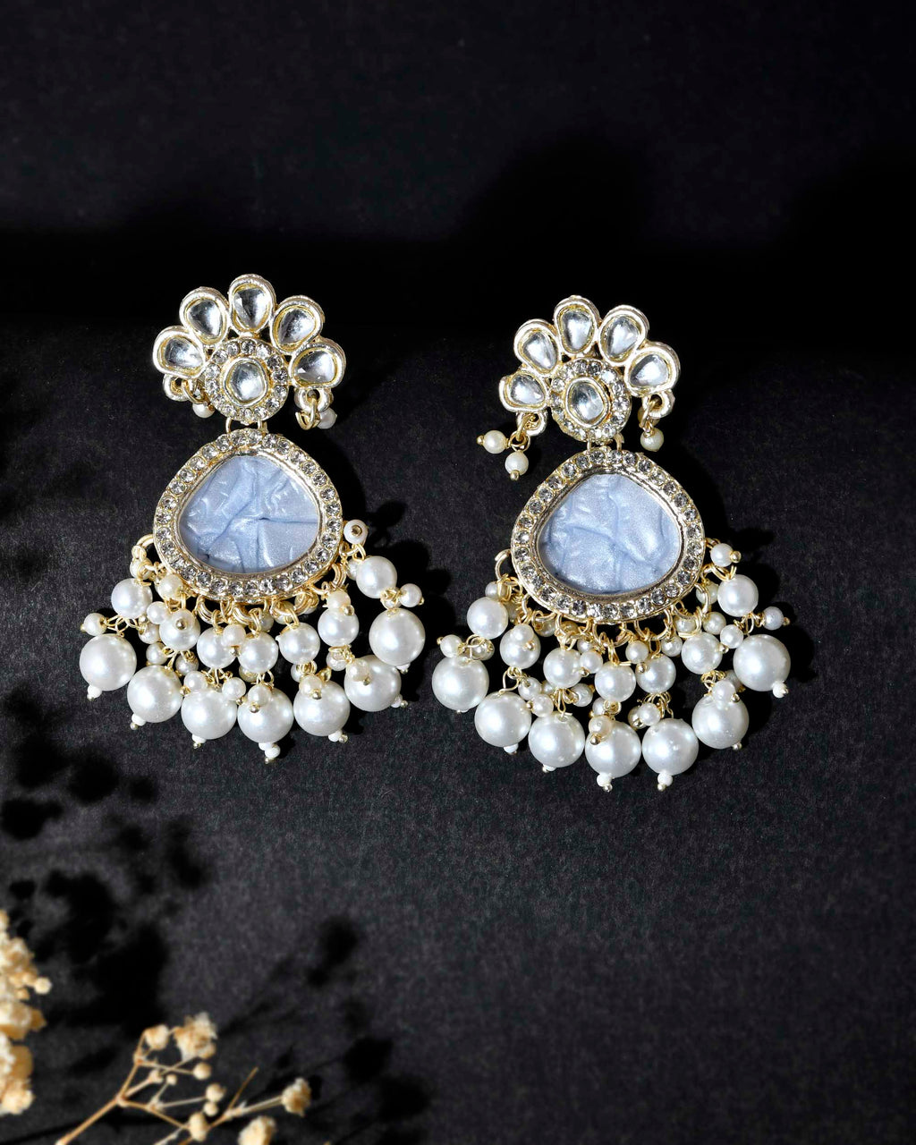 VOJ Gold-Toned Kundan Studded Contemporary Oxidised Drop Earrings | Grocsy