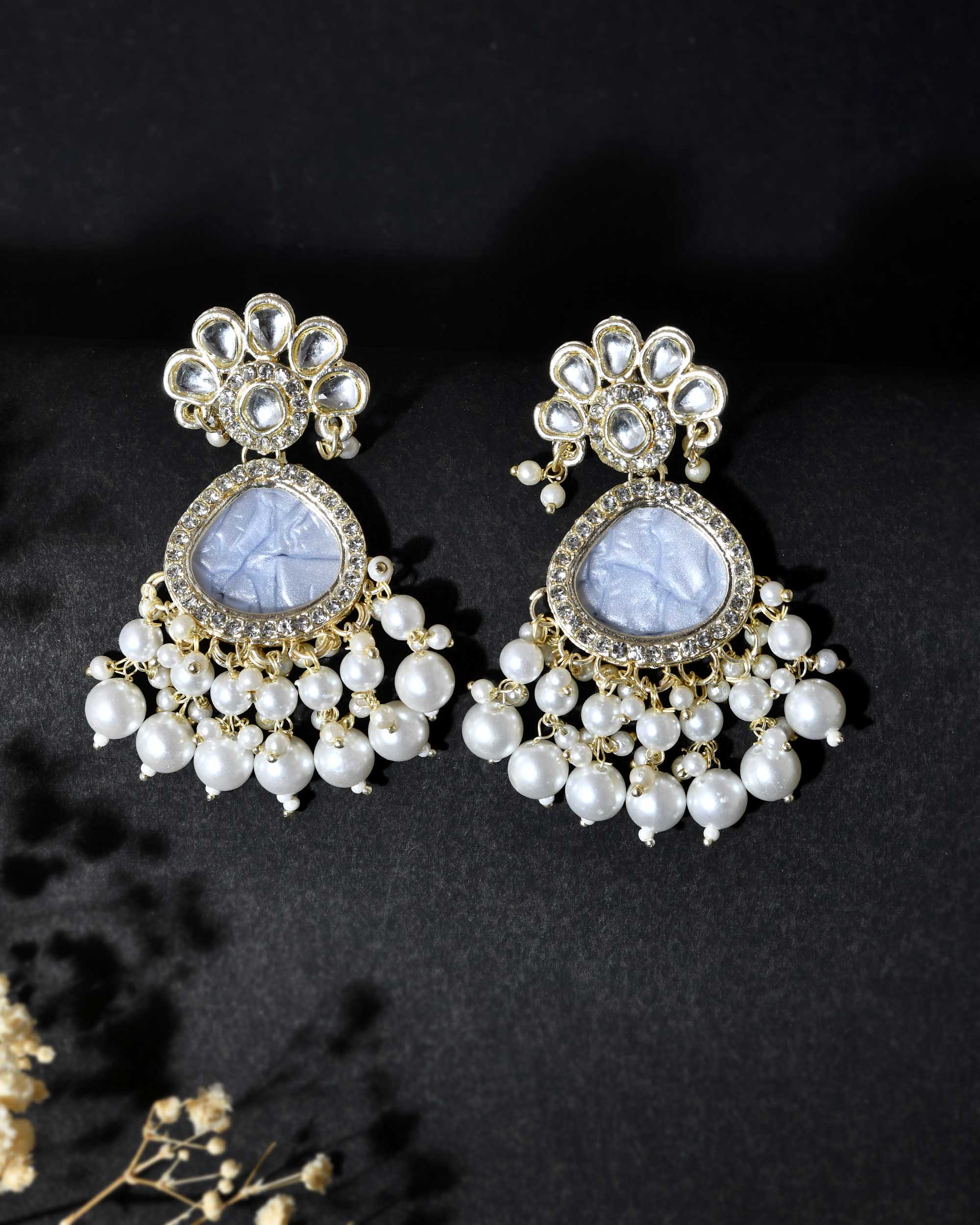 VOJ Gold-Toned Kundan Studded Contemporary Oxidised Drop Earrings | Grocsy