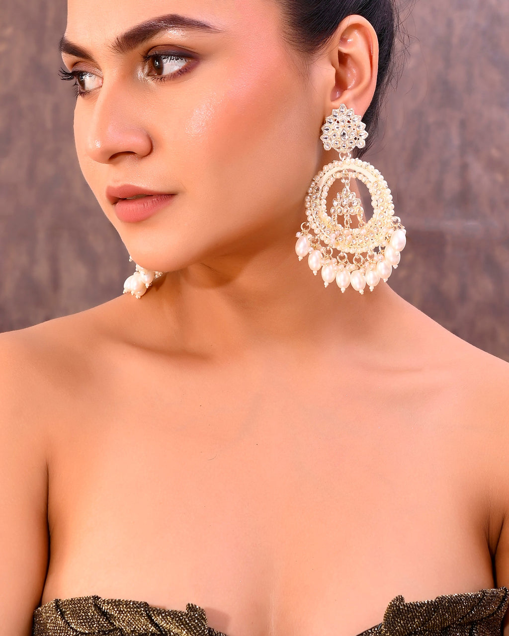 VOJ Gold-Polished Kundan Studded White ChandBali Earrings | Grocsy