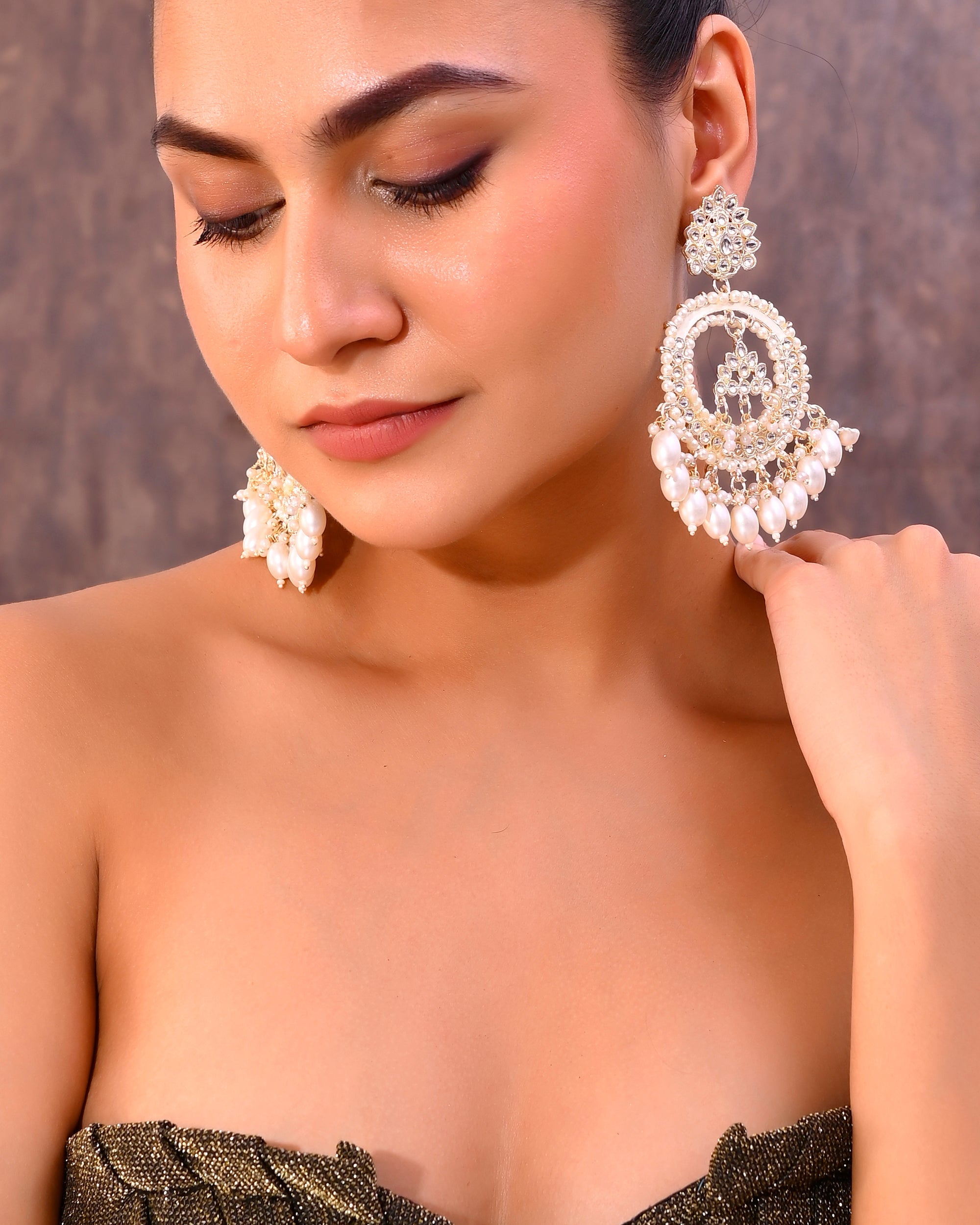 VOJ Gold-Polished Kundan Studded White ChandBali Earrings | Grocsy