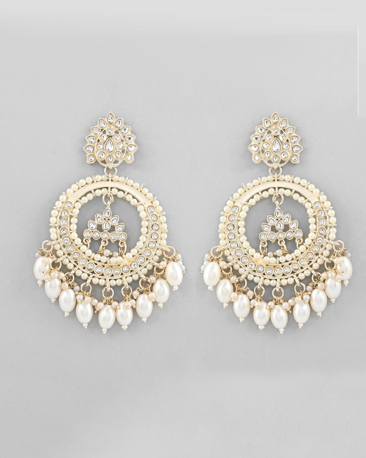 VOJ Gold-Polished Kundan Studded White ChandBali Earrings | Grocsy