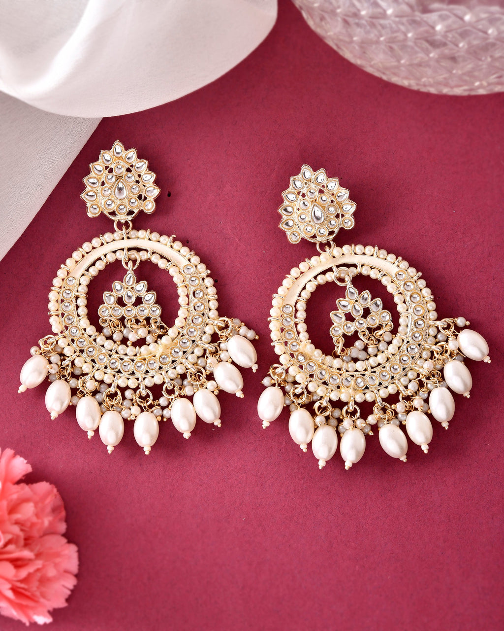 VOJ Gold-Polished Kundan Studded White ChandBali Earrings | Grocsy