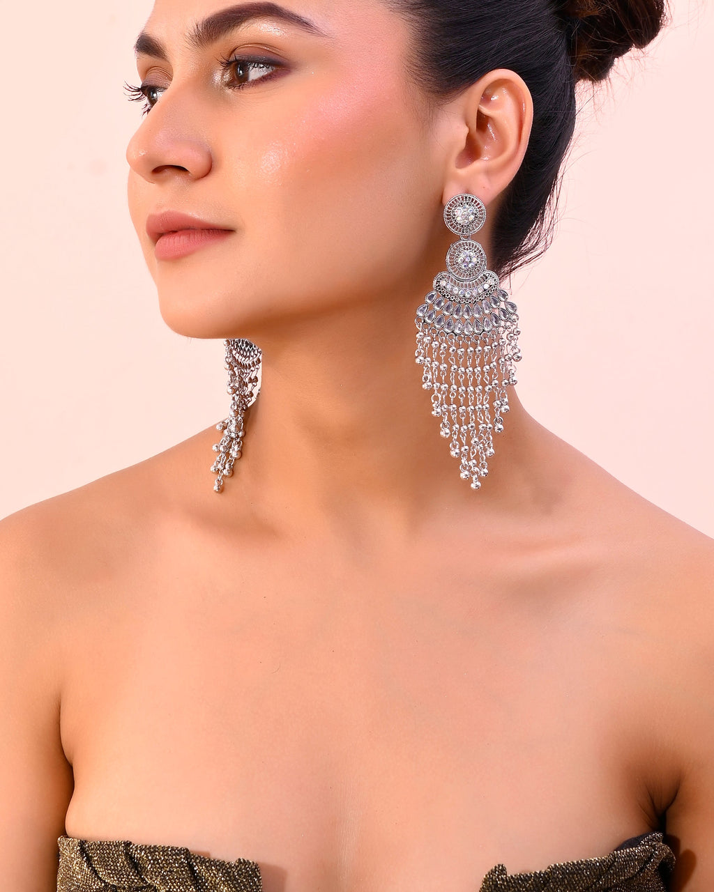 VOJ Silver-Plated Ghungroo Oxidized Drop Long Earrings | Grocsy