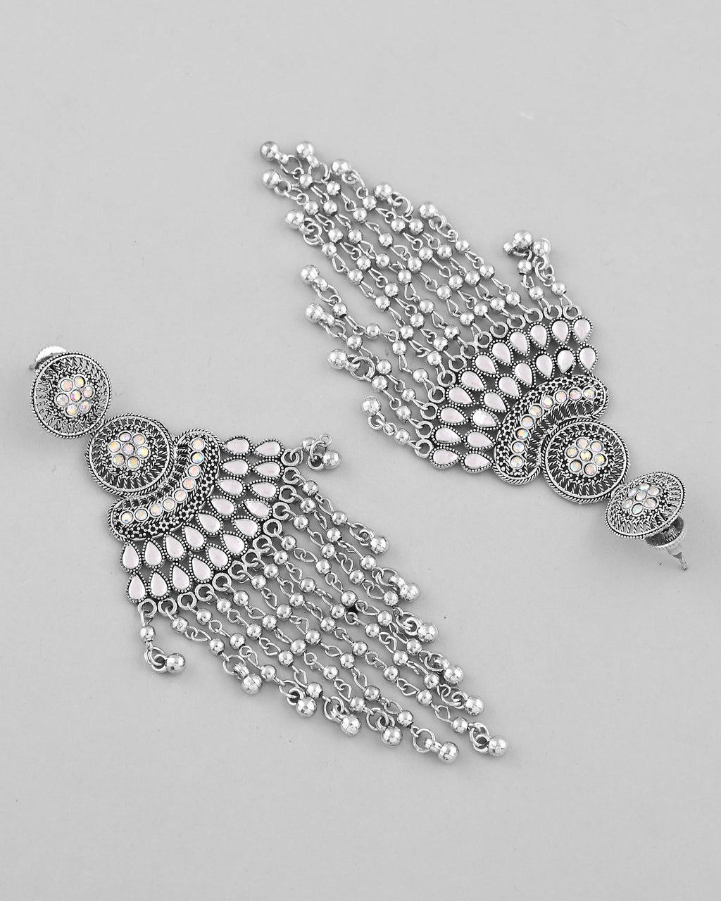 VOJ Silver-Plated Ghungroo Oxidized Drop Long Earrings | Grocsy
