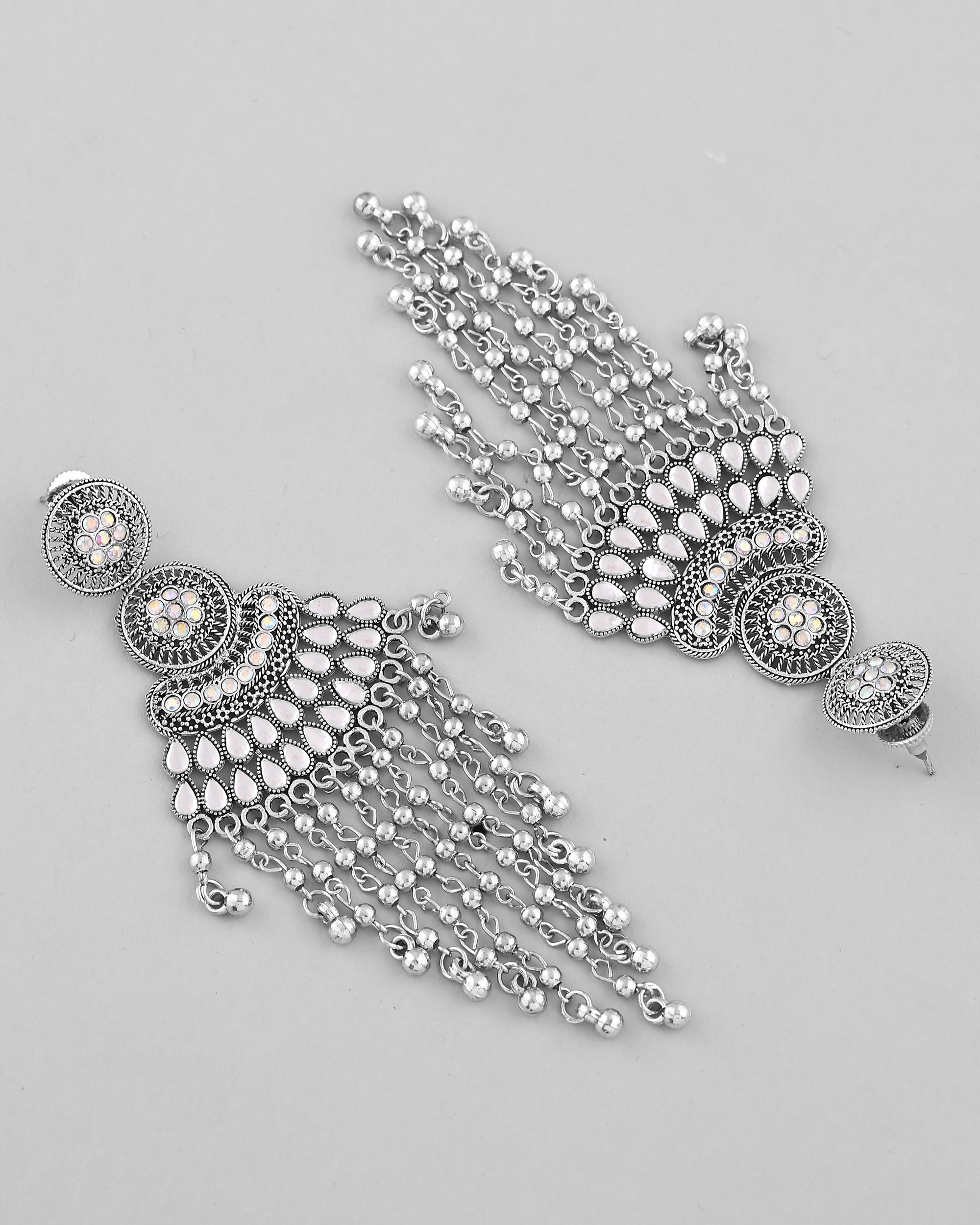VOJ Silver-Plated Ghungroo Oxidized Drop Long Earrings | Grocsy