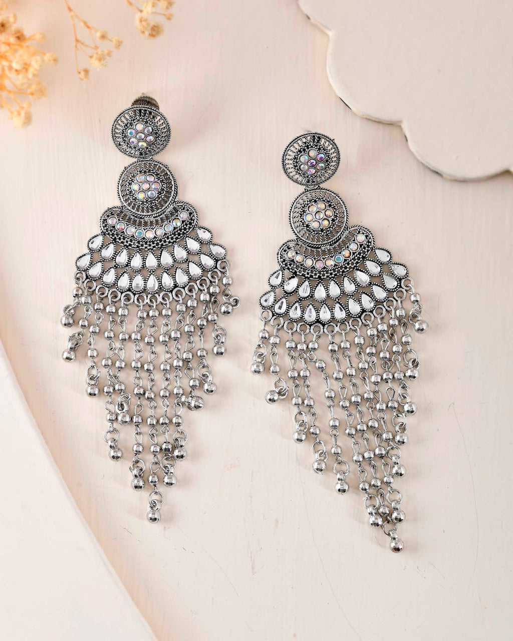 VOJ Silver-Plated Ghungroo Oxidized Drop Long Earrings | Grocsy