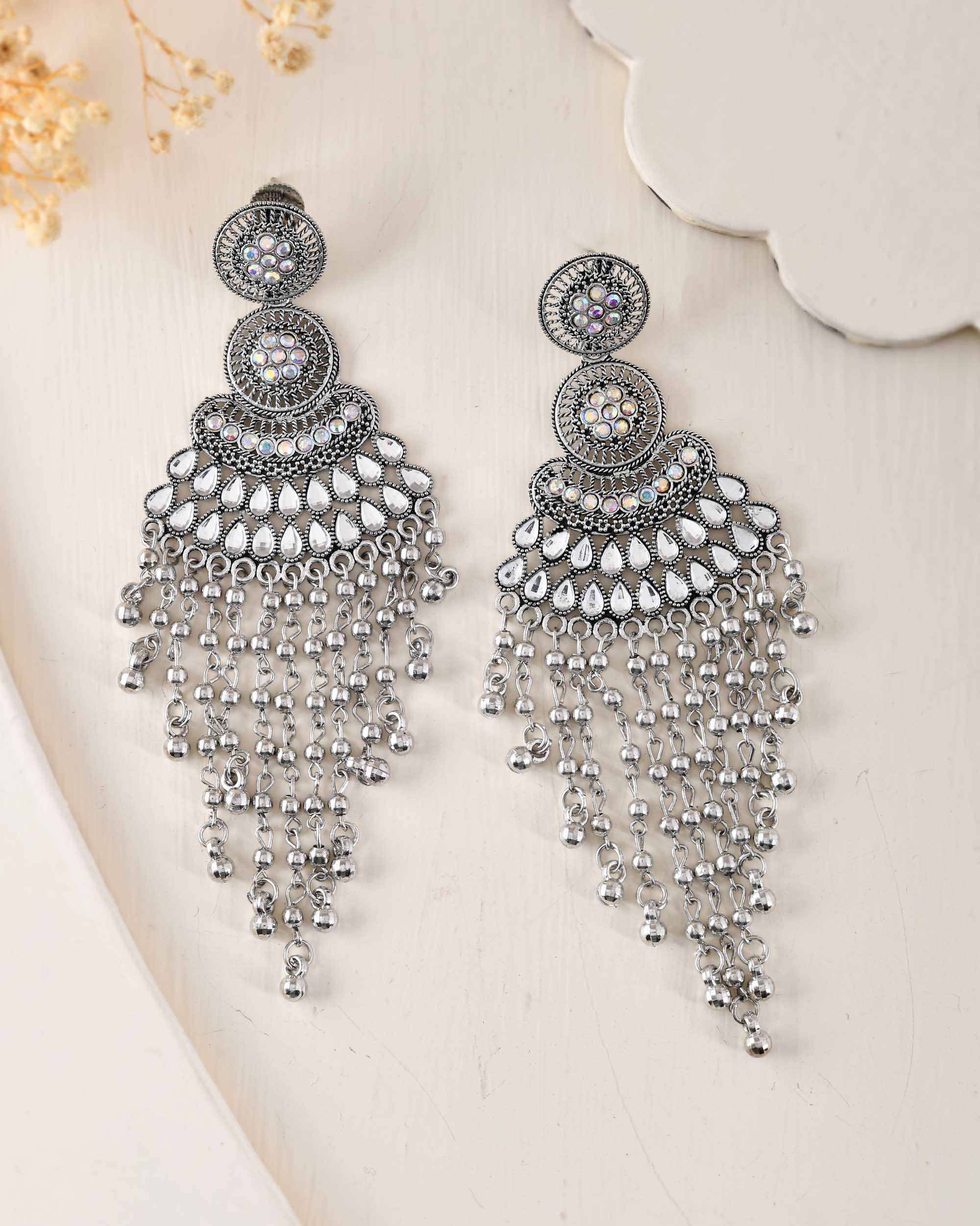 VOJ Silver-Plated Ghungroo Oxidized Drop Long Earrings | Grocsy