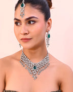 VOJ Silver Plated CZ-Stone Studded With Green Stone Choker Set With Mangtikka | Grocsy