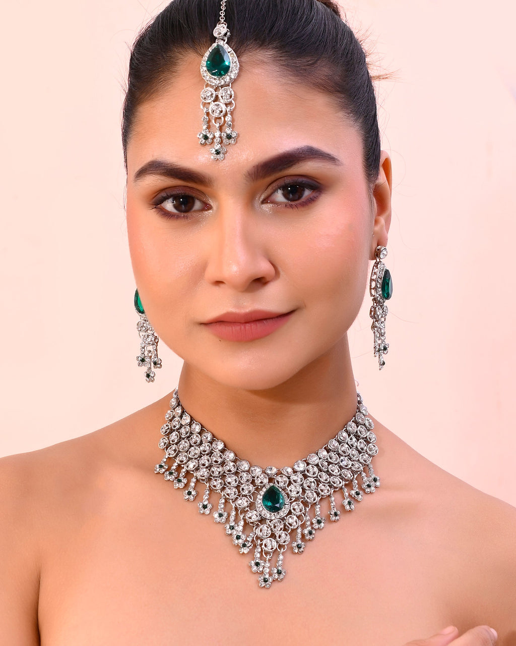 VOJ Silver Plated CZ-Stone Studded With Green Stone Choker Set With Mangtikka | Grocsy