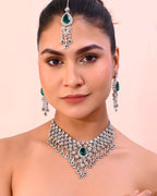 VOJ Silver Plated CZ-Stone Studded With Green Stone Choker Set With Mangtikka | Grocsy