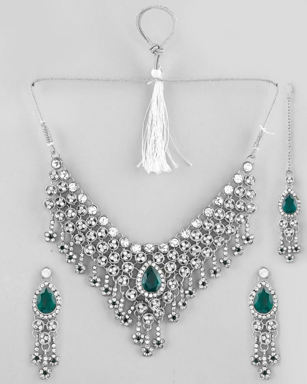 VOJ Silver Plated CZ-Stone Studded With Green Stone Choker Set With Mangtikka | Grocsy