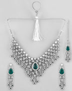 VOJ Silver Plated CZ-Stone Studded With Green Stone Choker Set With Mangtikka | Grocsy