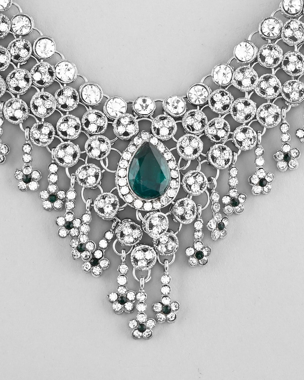 VOJ Silver Plated CZ-Stone Studded With Green Stone Choker Set With Mangtikka | Grocsy