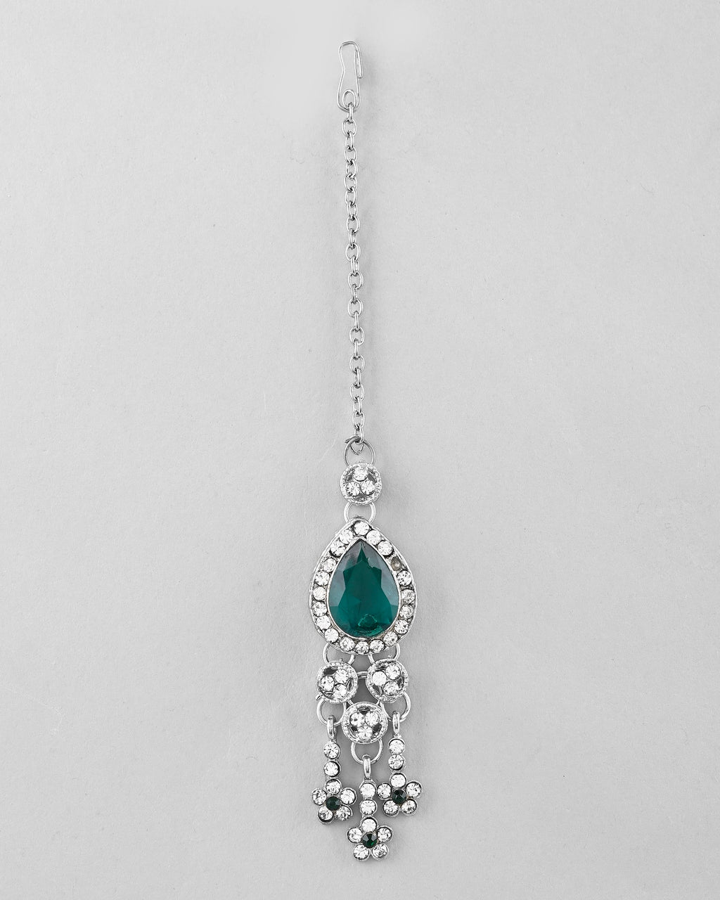 VOJ Silver Plated CZ-Stone Studded With Green Stone Choker Set With Mangtikka | Grocsy