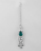 VOJ Silver Plated CZ-Stone Studded With Green Stone Choker Set With Mangtikka | Grocsy